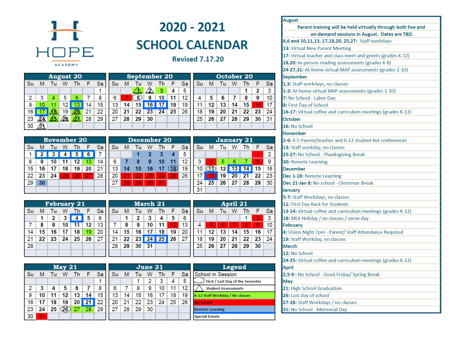 Calendar Hope Academy